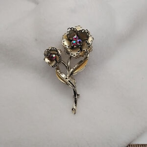 Vintage Gold-Tone Flower Brooch with Rhinestone Centers